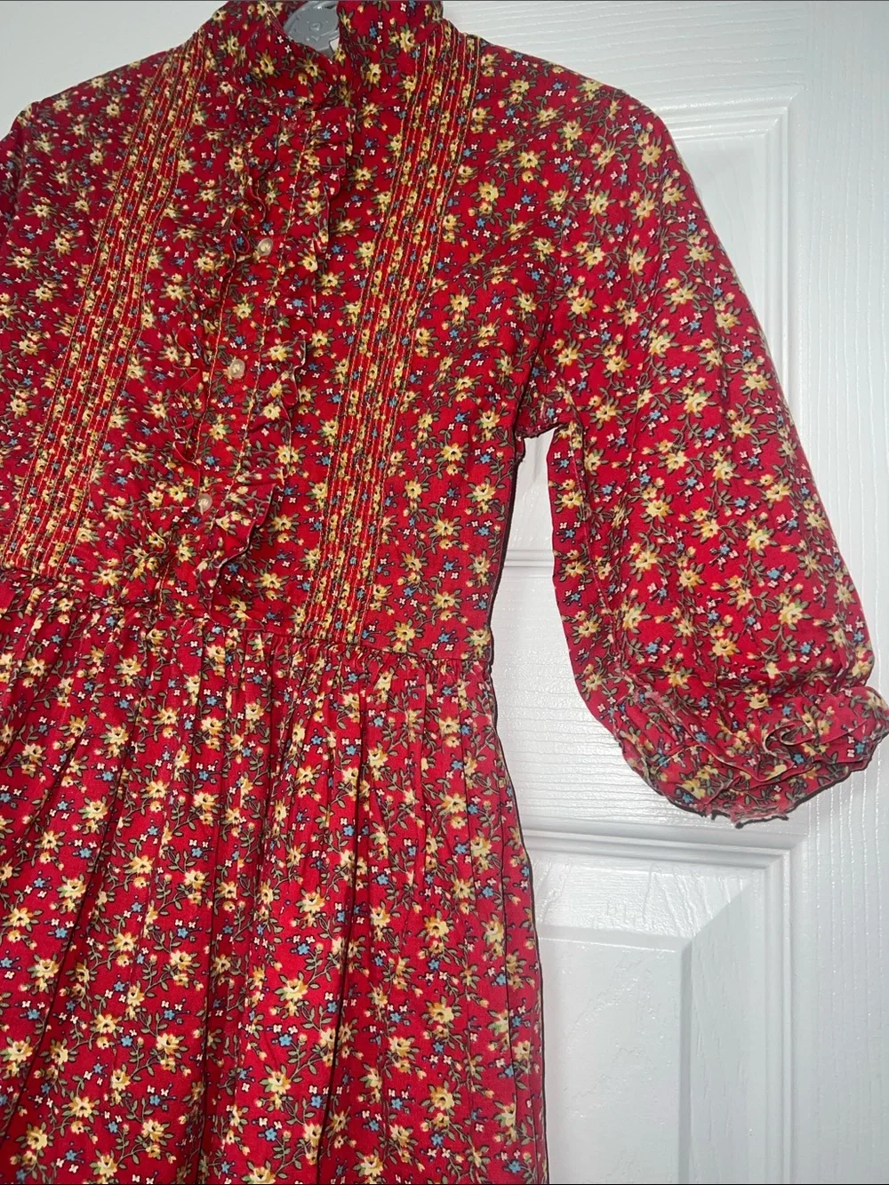 Vintage 70s Cinderella Girls Size 7 Red Floral Prairie Dress Ruffle
